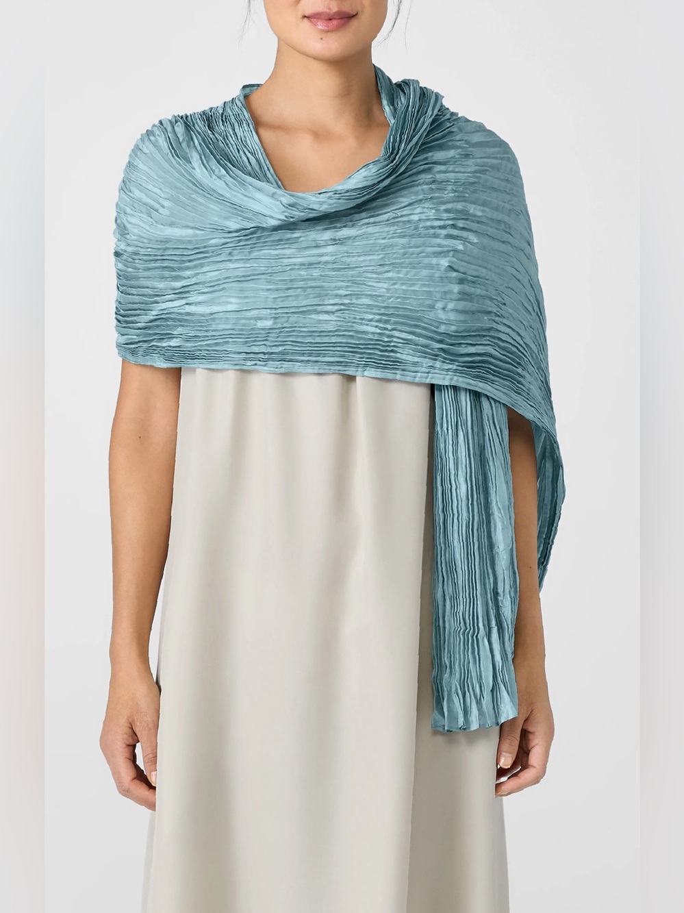NEW Eileen Fisher Whisper Plissé 100% Silk Crinkle Scarf Seafoam Teal Blue